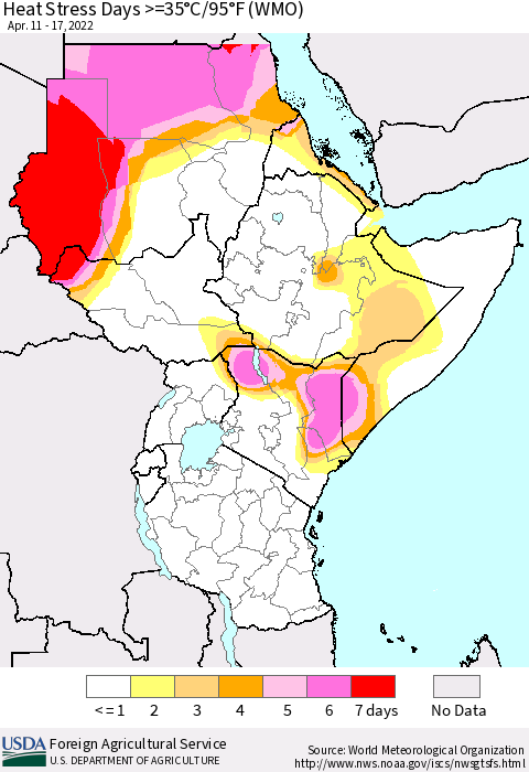 Eastern Africa Heat Stress Days >=35°C/95°F (WMO) Thematic Map For 4/11/2022 - 4/17/2022
