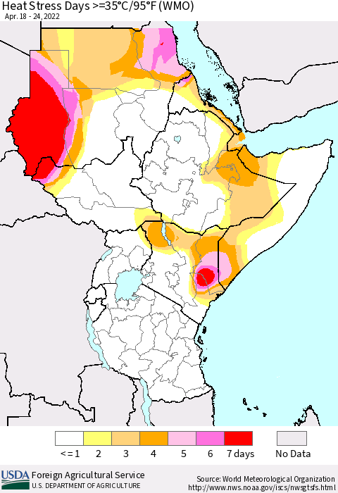 Eastern Africa Heat Stress Days >=35°C/95°F (WMO) Thematic Map For 4/18/2022 - 4/24/2022