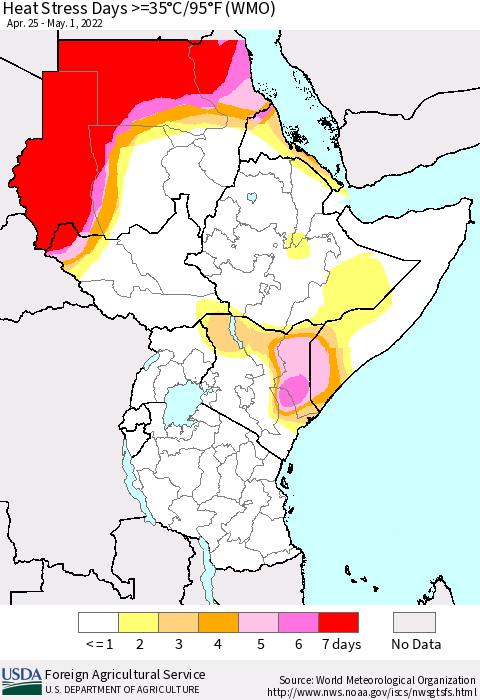 Eastern Africa Heat Stress Days >=35°C/95°F (WMO) Thematic Map For 4/25/2022 - 5/1/2022