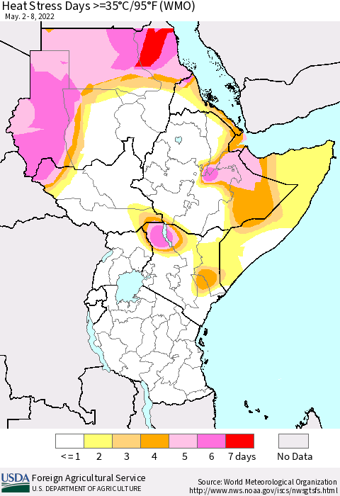Eastern Africa Heat Stress Days >=35°C/95°F (WMO) Thematic Map For 5/2/2022 - 5/8/2022