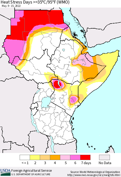 Eastern Africa Heat Stress Days >=35°C/95°F (WMO) Thematic Map For 5/9/2022 - 5/15/2022