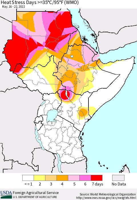 Eastern Africa Heat Stress Days >=35°C/95°F (WMO) Thematic Map For 5/16/2022 - 5/22/2022