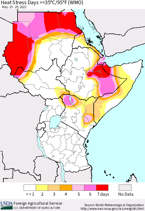 Eastern Africa Heat Stress Days >=35°C/95°F (WMO) Thematic Map For 5/23/2022 - 5/29/2022