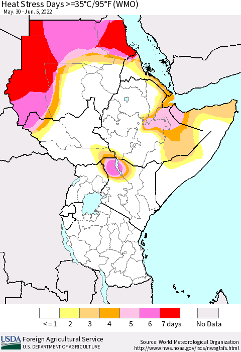 Eastern Africa Heat Stress Days >=35°C/95°F (WMO) Thematic Map For 5/30/2022 - 6/5/2022