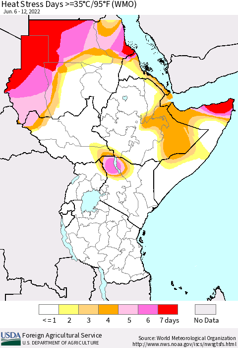 Eastern Africa Heat Stress Days >=35°C/95°F (WMO) Thematic Map For 6/6/2022 - 6/12/2022