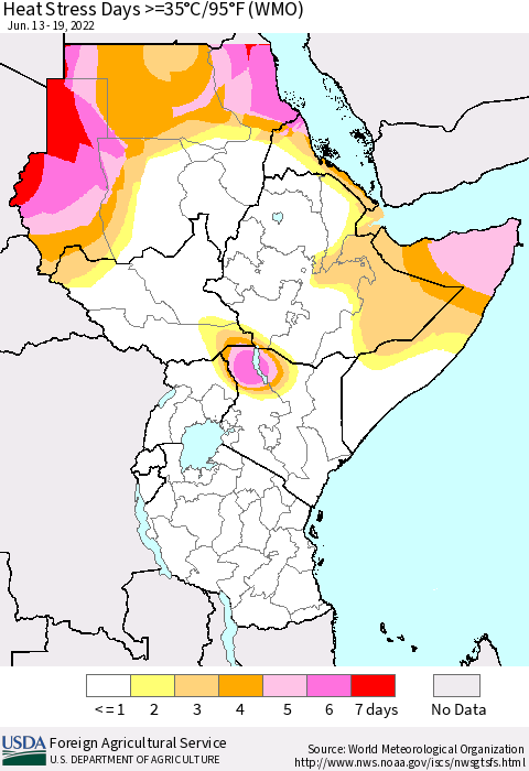 Eastern Africa Heat Stress Days >=35°C/95°F (WMO) Thematic Map For 6/13/2022 - 6/19/2022