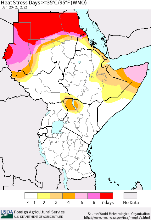 Eastern Africa Heat Stress Days >=35°C/95°F (WMO) Thematic Map For 6/20/2022 - 6/26/2022