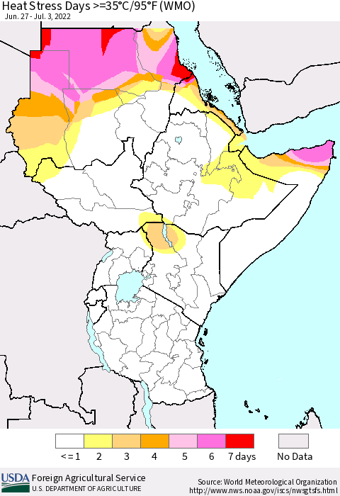 Eastern Africa Heat Stress Days >=35°C/95°F (WMO) Thematic Map For 6/27/2022 - 7/3/2022