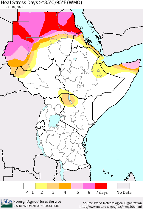 Eastern Africa Heat Stress Days >=35°C/95°F (WMO) Thematic Map For 7/4/2022 - 7/10/2022