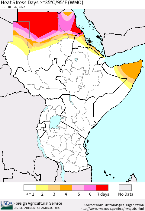 Eastern Africa Heat Stress Days >=35°C/95°F (WMO) Thematic Map For 7/18/2022 - 7/24/2022