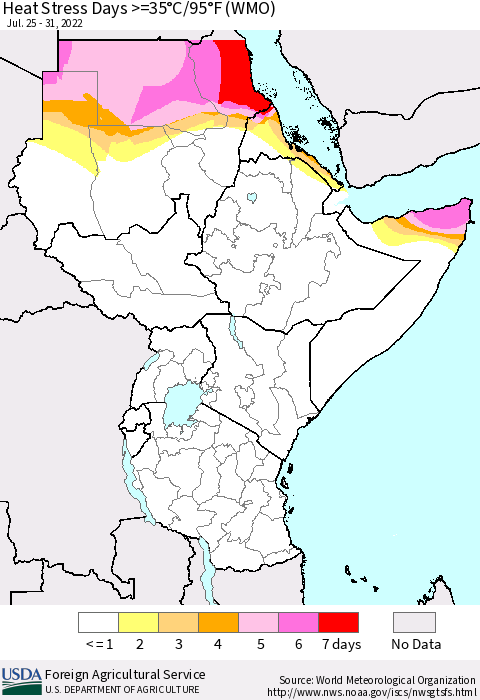 Eastern Africa Heat Stress Days >=35°C/95°F (WMO) Thematic Map For 7/25/2022 - 7/31/2022