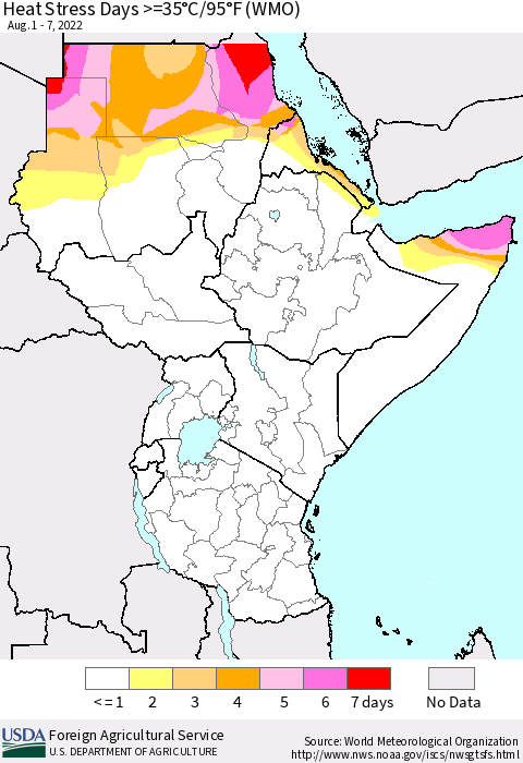 Eastern Africa Heat Stress Days >=35°C/95°F (WMO) Thematic Map For 8/1/2022 - 8/7/2022