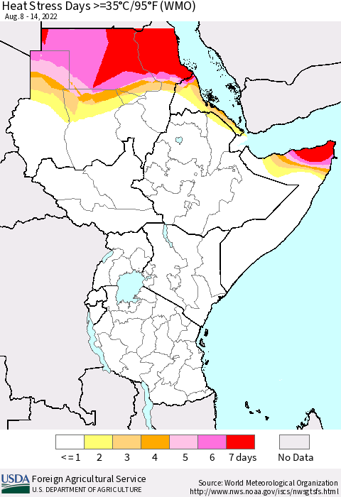 Eastern Africa Heat Stress Days >=35°C/95°F (WMO) Thematic Map For 8/8/2022 - 8/14/2022