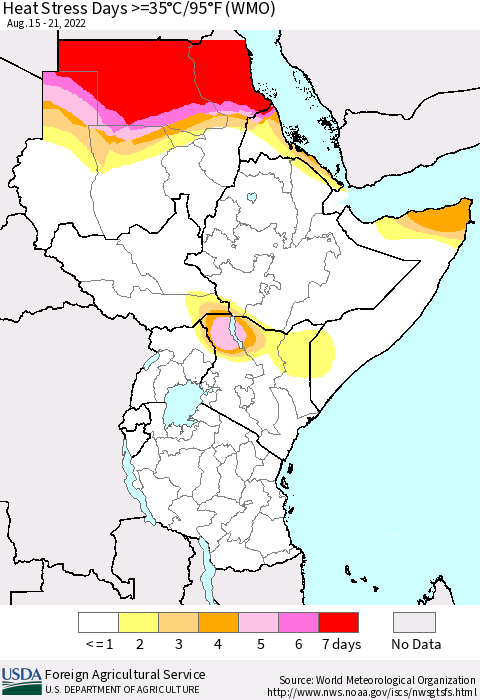 Eastern Africa Heat Stress Days >=35°C/95°F (WMO) Thematic Map For 8/15/2022 - 8/21/2022