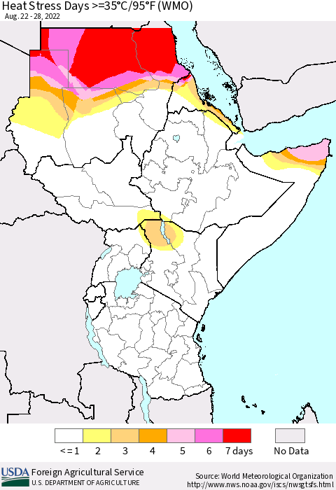 Eastern Africa Heat Stress Days >=35°C/95°F (WMO) Thematic Map For 8/22/2022 - 8/28/2022