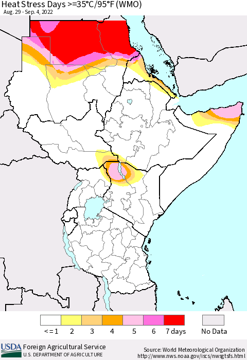 Eastern Africa Heat Stress Days >=35°C/95°F (WMO) Thematic Map For 8/29/2022 - 9/4/2022