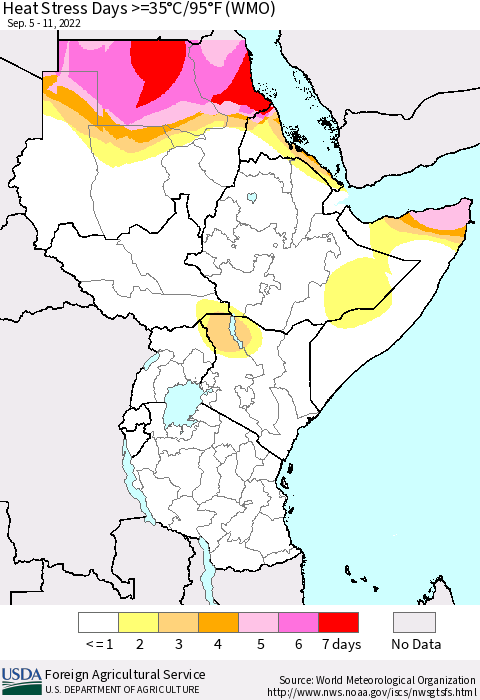 Eastern Africa Heat Stress Days >=35°C/95°F (WMO) Thematic Map For 9/5/2022 - 9/11/2022