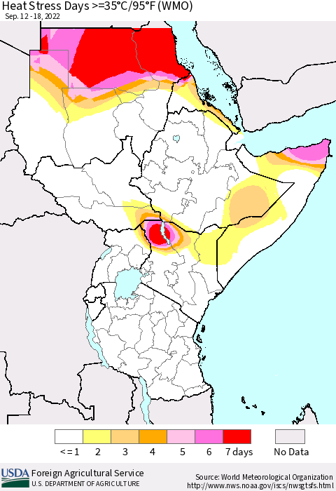 Eastern Africa Heat Stress Days >=35°C/95°F (WMO) Thematic Map For 9/12/2022 - 9/18/2022