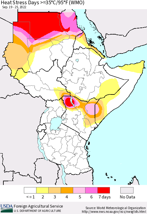 Eastern Africa Heat Stress Days >=35°C/95°F (WMO) Thematic Map For 9/19/2022 - 9/25/2022