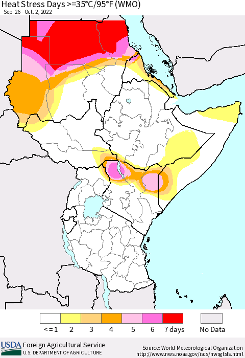 Eastern Africa Heat Stress Days >=35°C/95°F (WMO) Thematic Map For 9/26/2022 - 10/2/2022
