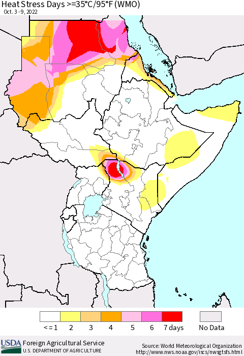 Eastern Africa Heat Stress Days >=35°C/95°F (WMO) Thematic Map For 10/3/2022 - 10/9/2022