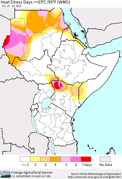 Eastern Africa Heat Stress Days >=35°C/95°F (WMO) Thematic Map For 10/10/2022 - 10/16/2022