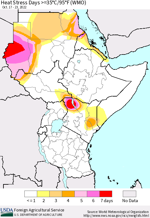Eastern Africa Heat Stress Days >=35°C/95°F (WMO) Thematic Map For 10/17/2022 - 10/23/2022