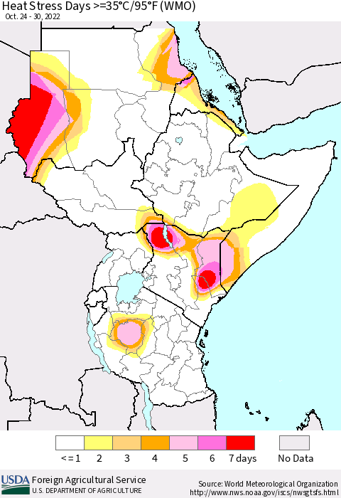 Eastern Africa Heat Stress Days >=35°C/95°F (WMO) Thematic Map For 10/24/2022 - 10/30/2022