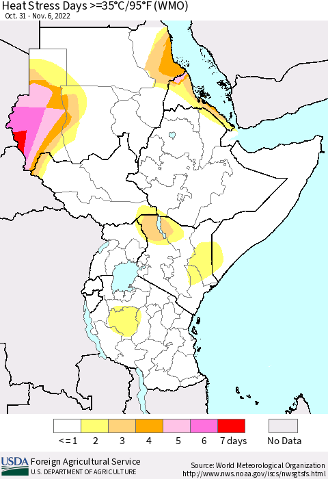 Eastern Africa Heat Stress Days >=35°C/95°F (WMO) Thematic Map For 10/31/2022 - 11/6/2022