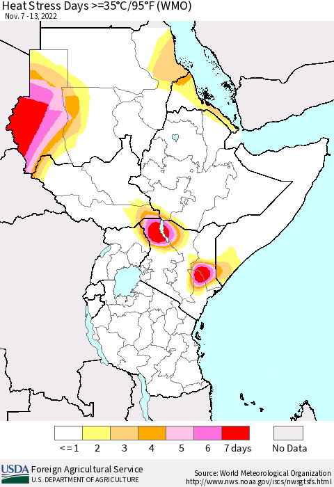 Eastern Africa Heat Stress Days >=35°C/95°F (WMO) Thematic Map For 11/7/2022 - 11/13/2022