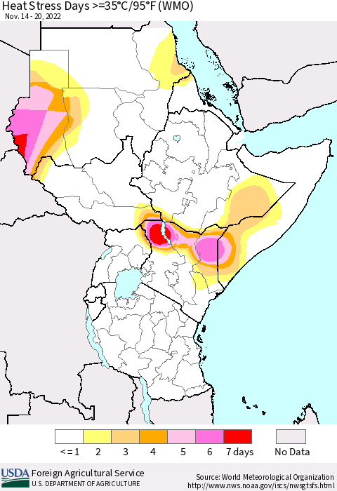 Eastern Africa Heat Stress Days >=35°C/95°F (WMO) Thematic Map For 11/14/2022 - 11/20/2022
