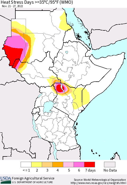 Eastern Africa Heat Stress Days >=35°C/95°F (WMO) Thematic Map For 11/21/2022 - 11/27/2022