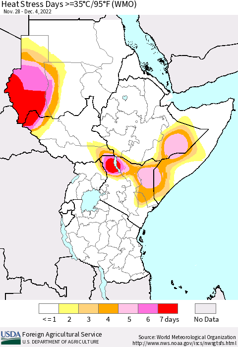 Eastern Africa Heat Stress Days >=35°C/95°F (WMO) Thematic Map For 11/28/2022 - 12/4/2022