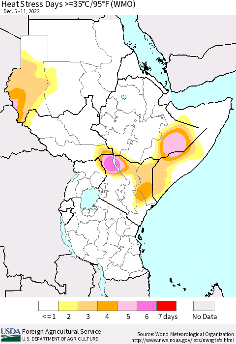 Eastern Africa Heat Stress Days >=35°C/95°F (WMO) Thematic Map For 12/5/2022 - 12/11/2022