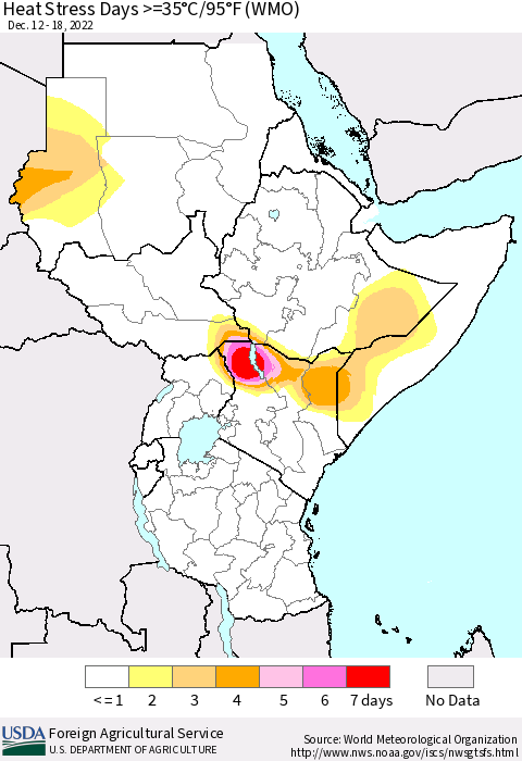 Eastern Africa Heat Stress Days >=35°C/95°F (WMO) Thematic Map For 12/12/2022 - 12/18/2022