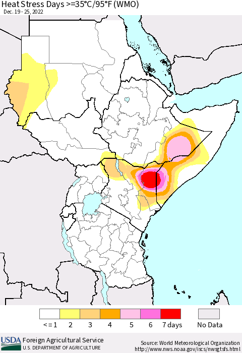Eastern Africa Heat Stress Days >=35°C/95°F (WMO) Thematic Map For 12/19/2022 - 12/25/2022