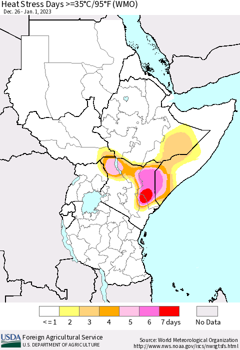 Eastern Africa Heat Stress Days >=35°C/95°F (WMO) Thematic Map For 12/26/2022 - 1/1/2023