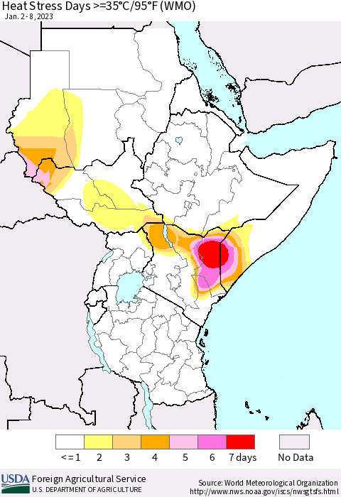 Eastern Africa Heat Stress Days >=35°C/95°F (WMO) Thematic Map For 1/2/2023 - 1/8/2023