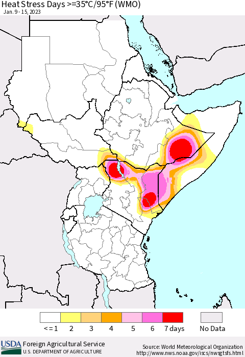 Eastern Africa Heat Stress Days >=35°C/95°F (WMO) Thematic Map For 1/9/2023 - 1/15/2023