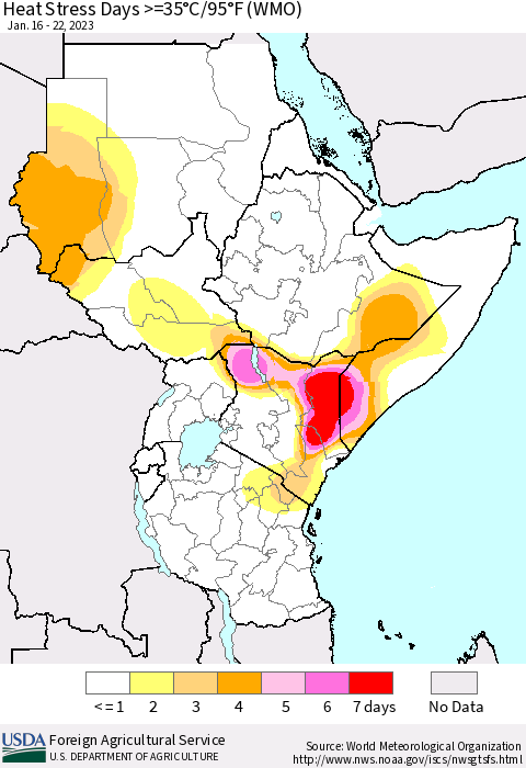 Eastern Africa Heat Stress Days >=35°C/95°F (WMO) Thematic Map For 1/16/2023 - 1/22/2023