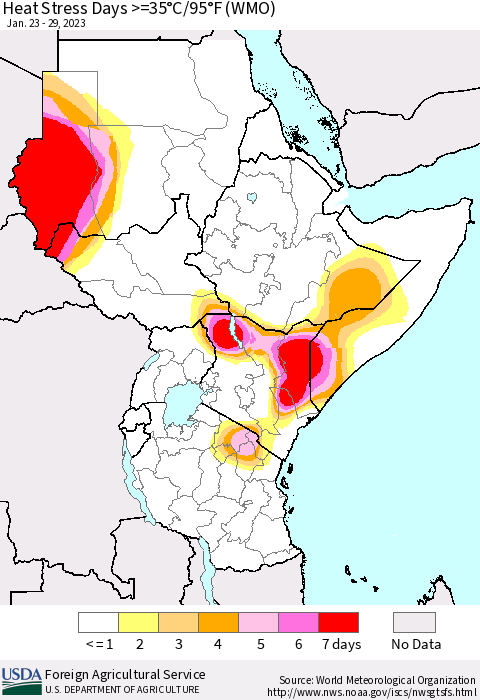 Eastern Africa Heat Stress Days >=35°C/95°F (WMO) Thematic Map For 1/23/2023 - 1/29/2023