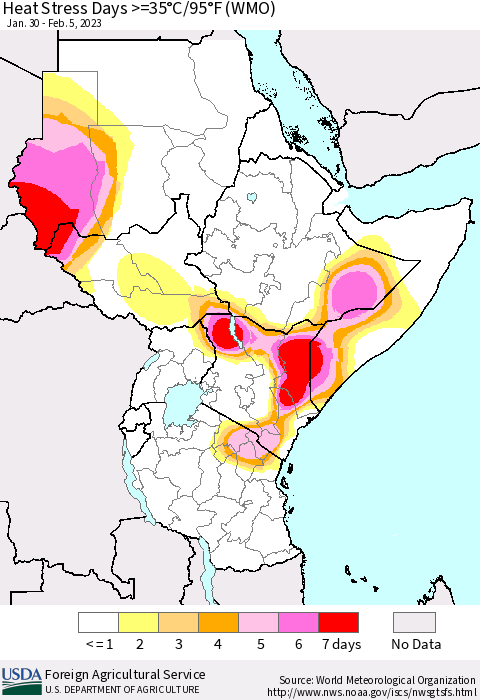 Eastern Africa Heat Stress Days >=35°C/95°F (WMO) Thematic Map For 1/30/2023 - 2/5/2023