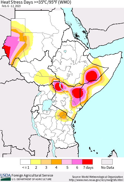 Eastern Africa Heat Stress Days >=35°C/95°F (WMO) Thematic Map For 2/6/2023 - 2/12/2023