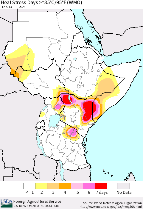 Eastern Africa Heat Stress Days >=35°C/95°F (WMO) Thematic Map For 2/13/2023 - 2/19/2023