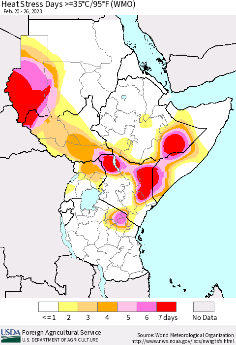 Eastern Africa Heat Stress Days >=35°C/95°F (WMO) Thematic Map For 2/20/2023 - 2/26/2023