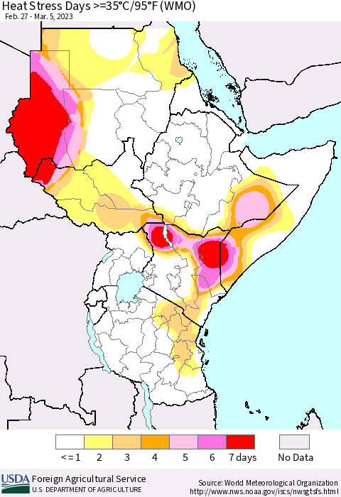 Eastern Africa Heat Stress Days >=35°C/95°F (WMO) Thematic Map For 2/27/2023 - 3/5/2023