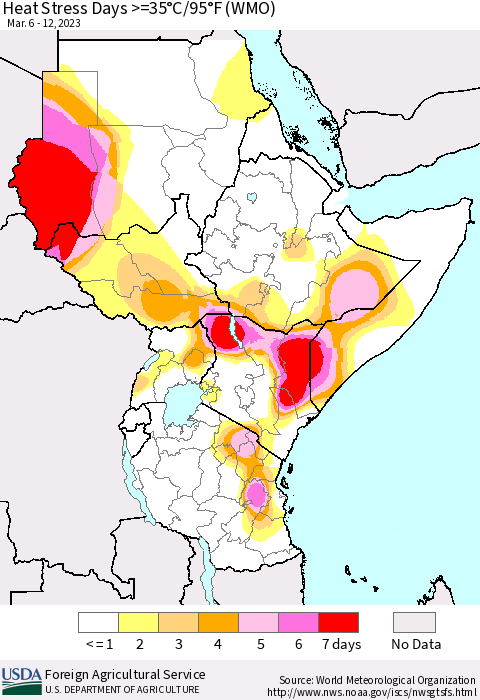 Eastern Africa Heat Stress Days >=35°C/95°F (WMO) Thematic Map For 3/6/2023 - 3/12/2023