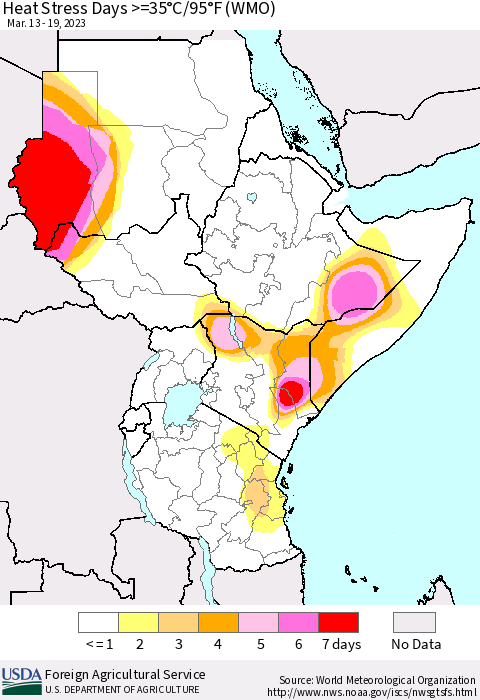 Eastern Africa Heat Stress Days >=35°C/95°F (WMO) Thematic Map For 3/13/2023 - 3/19/2023
