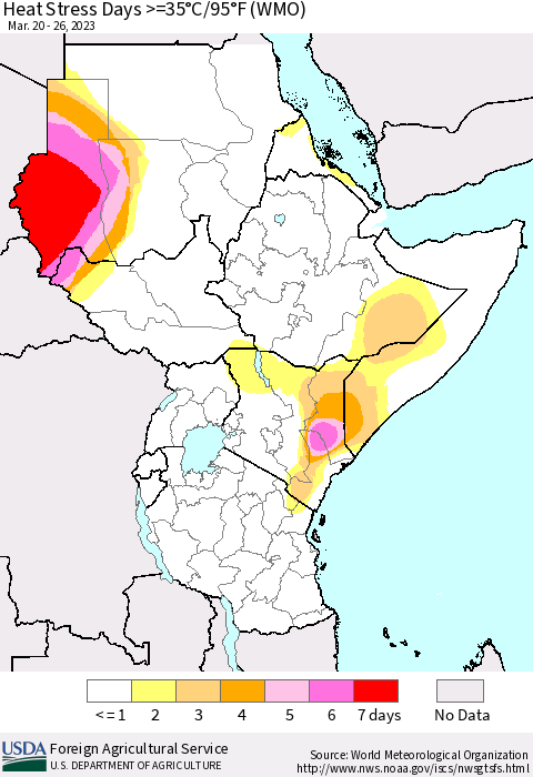 Eastern Africa Heat Stress Days >=35°C/95°F (WMO) Thematic Map For 3/20/2023 - 3/26/2023