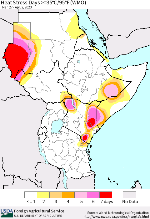 Eastern Africa Heat Stress Days >=35°C/95°F (WMO) Thematic Map For 3/27/2023 - 4/2/2023